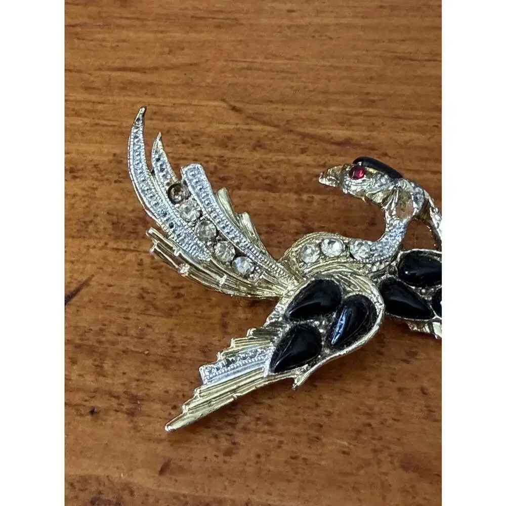 Vintage Phoenix Bird Rhinestone Brooch Gold Tone Black Enamel Figural Pin
